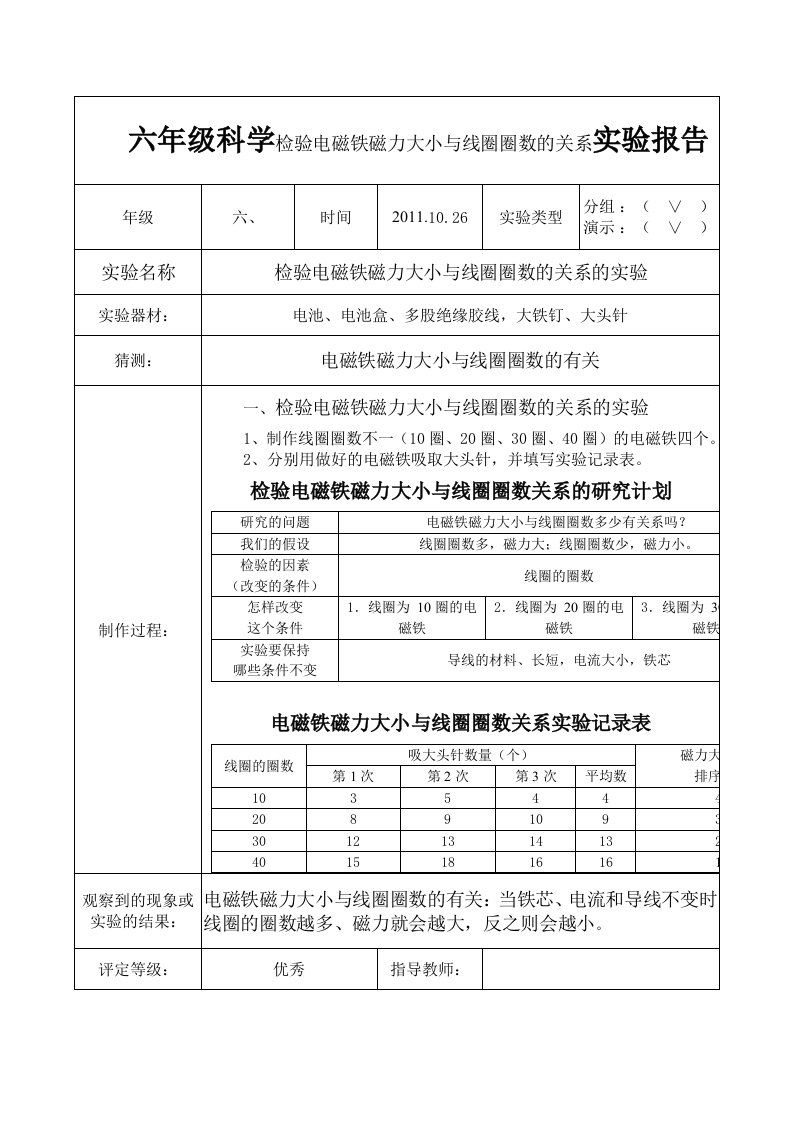 六年级科学检验电磁铁磁力大小与线圈圈数的关系实验报告