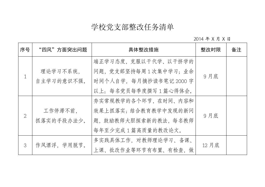 学校党支部整改任务清单