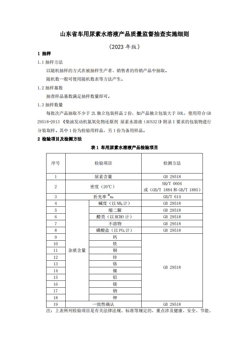 山东省车用尿素水溶液产品质量监督抽查实施细则（2023年）