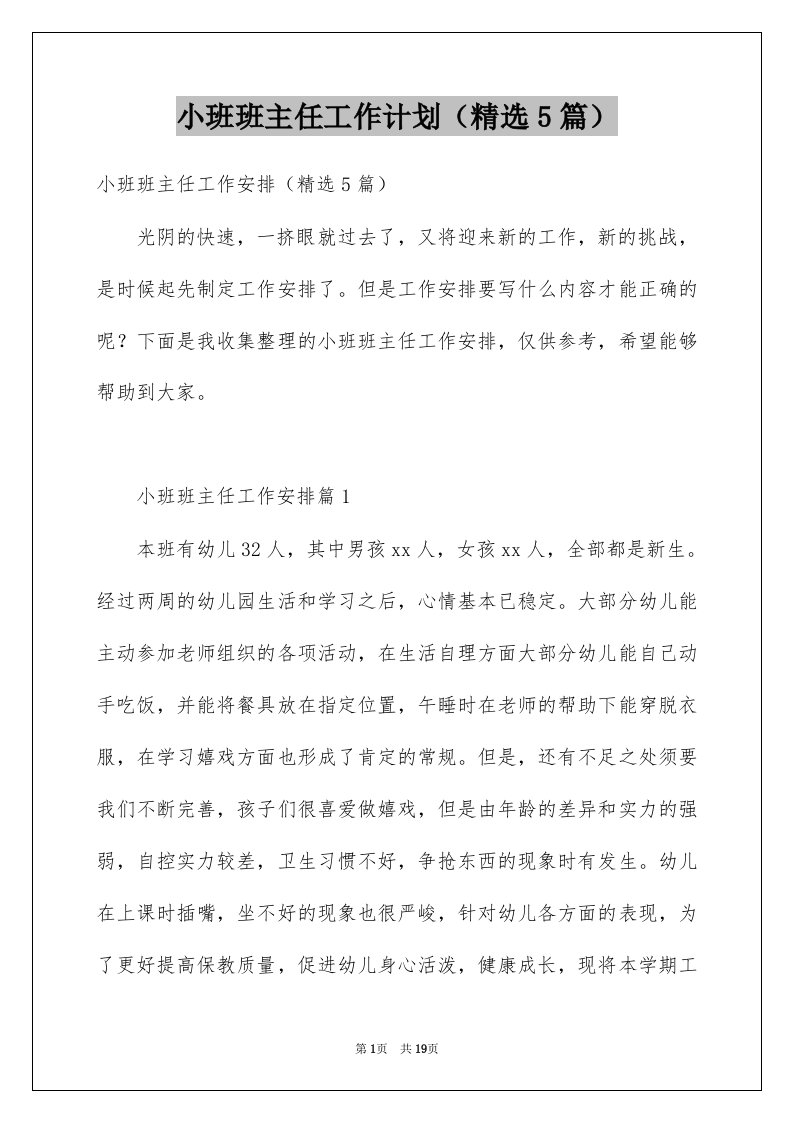 小班班主任工作计划精选5篇