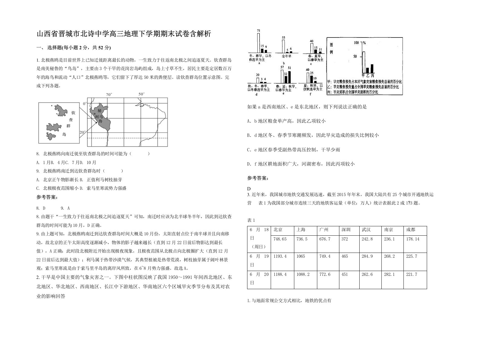 山西省晋城市北诗中学高三地理下学期期末试卷含解析