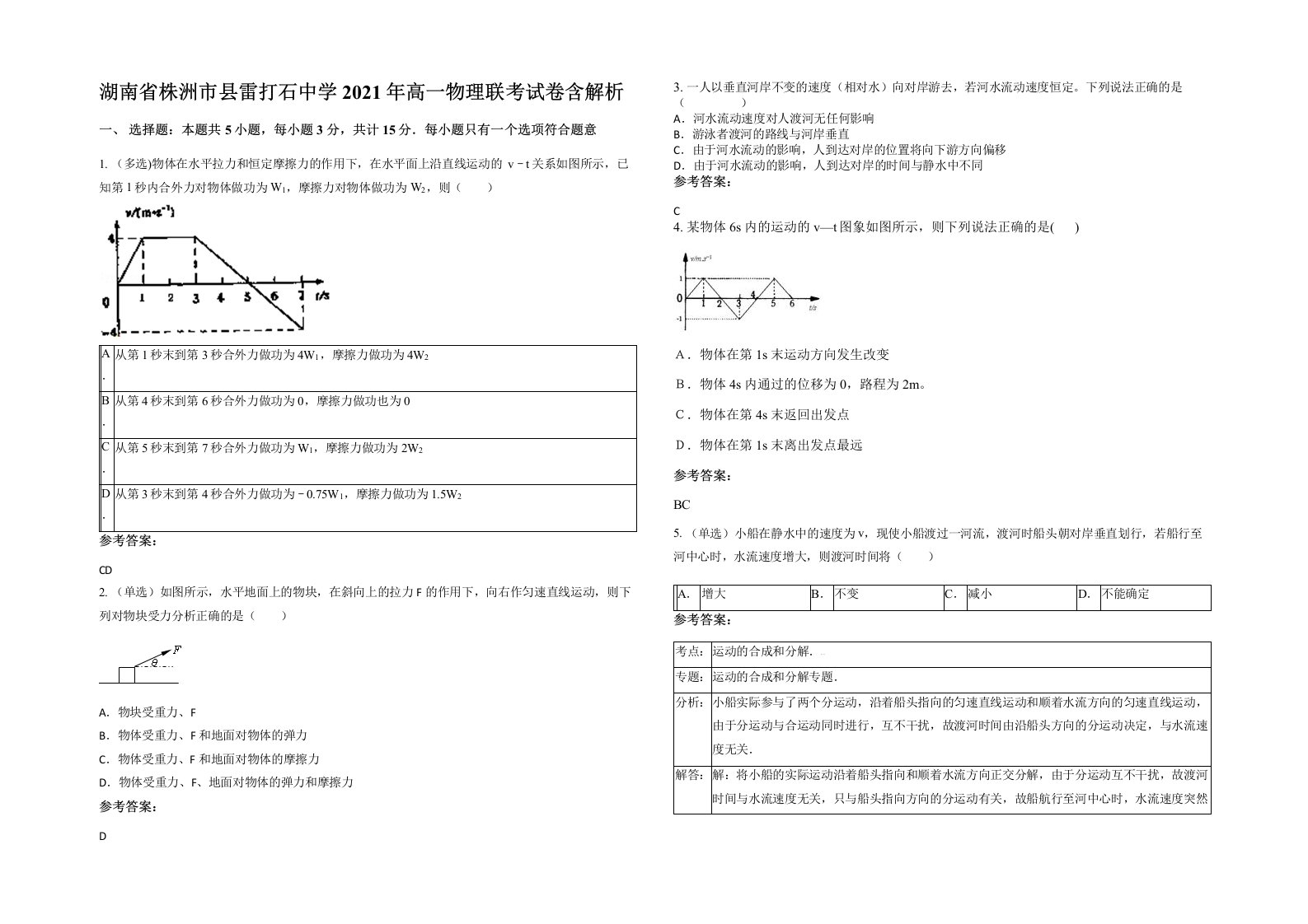 湖南省株洲市县雷打石中学2021年高一物理联考试卷含解析