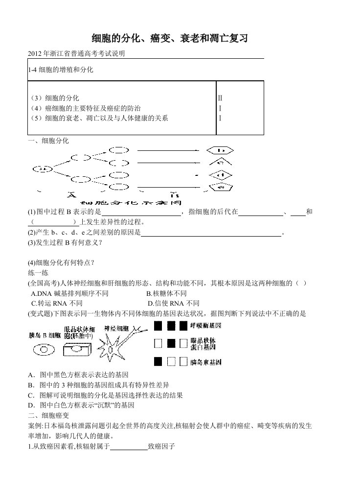 细胞分化、癌变、衰老和凋亡复习学案