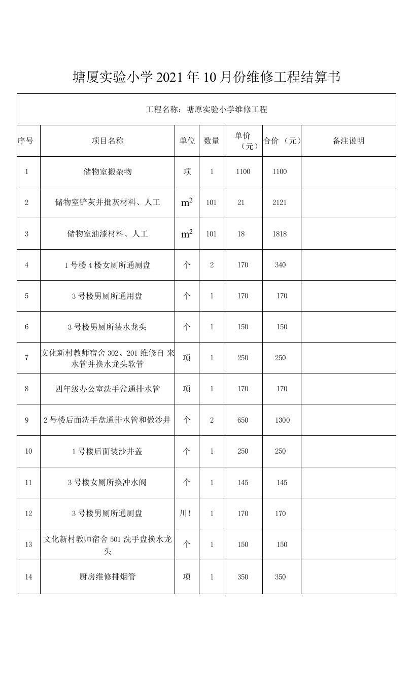 塘厦实验小学2021年10月份维修工程结算书