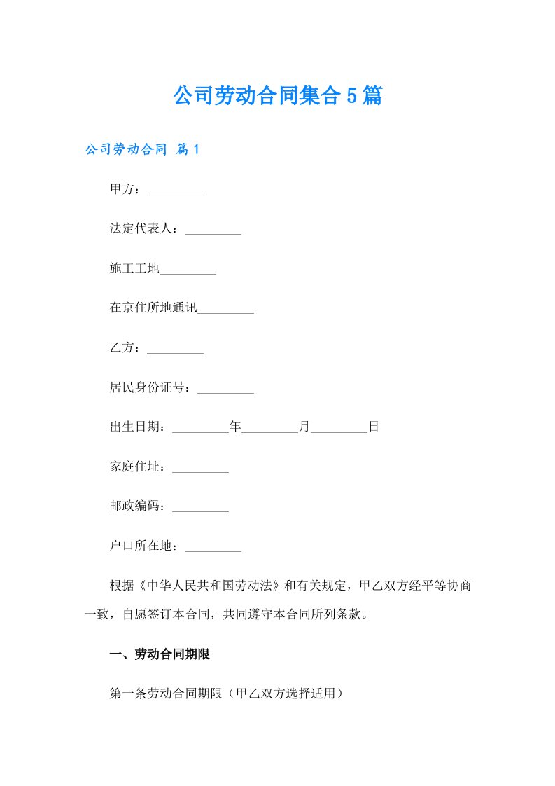公司劳动合同集合5篇【实用】