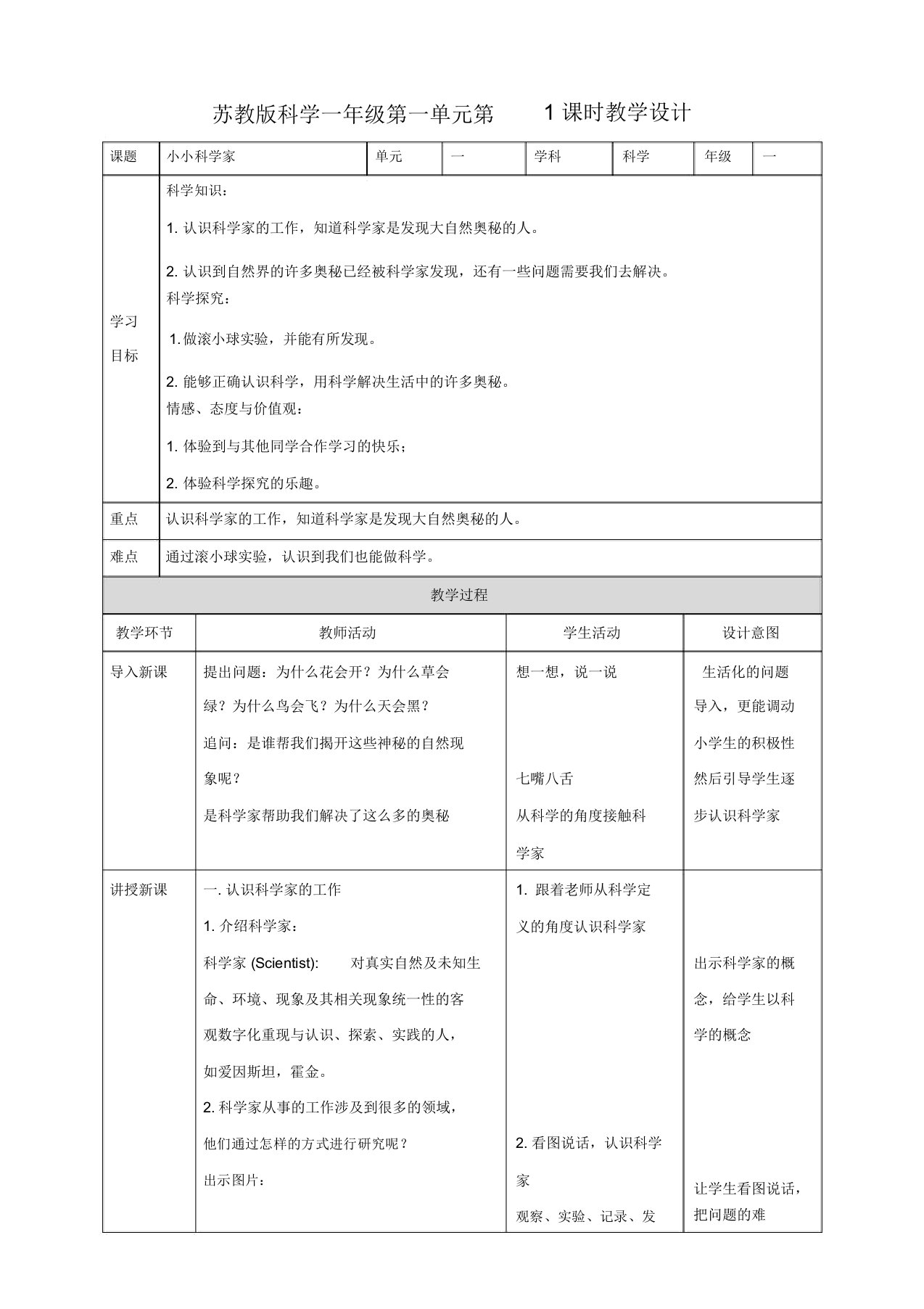 一年级上册科学教学设计-第一单元第1课时《小小科学家》苏教版