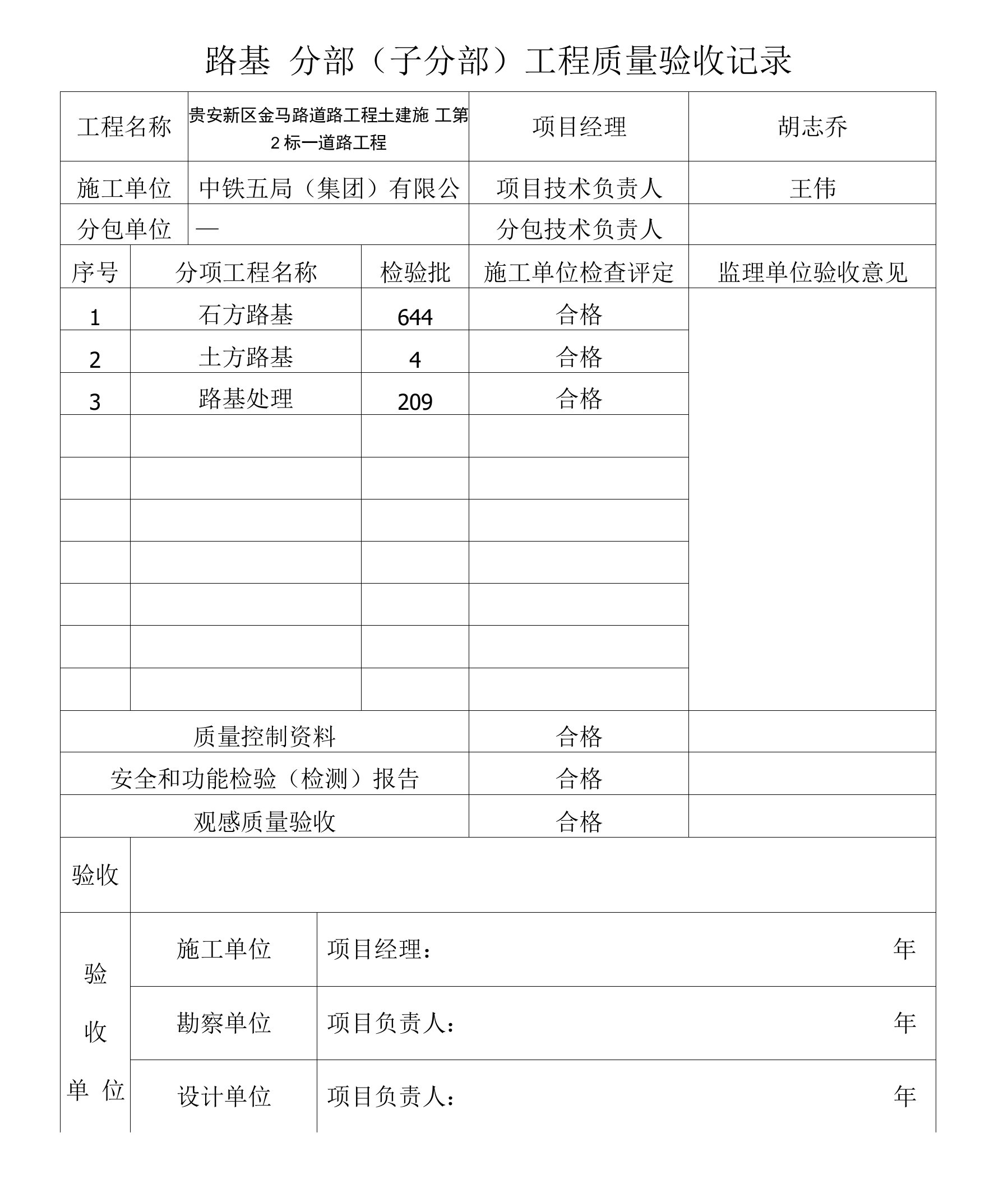 分部工程质量验收记录(路基)