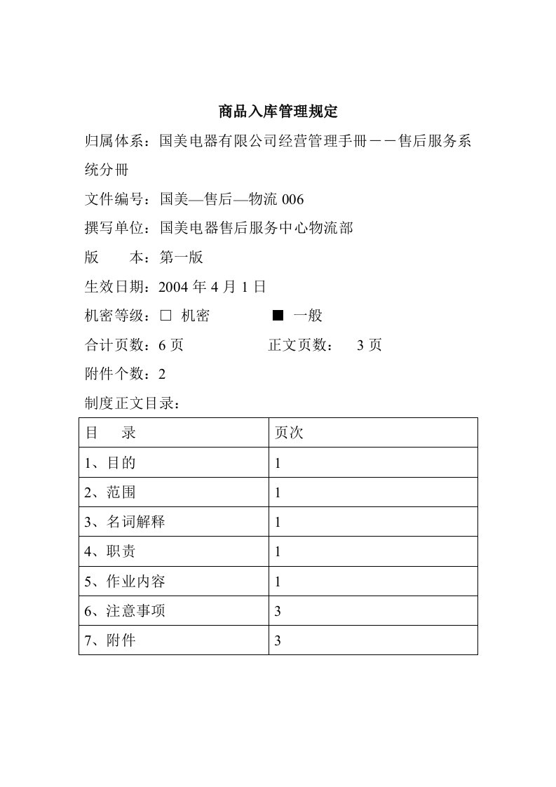 商品入库管理制度