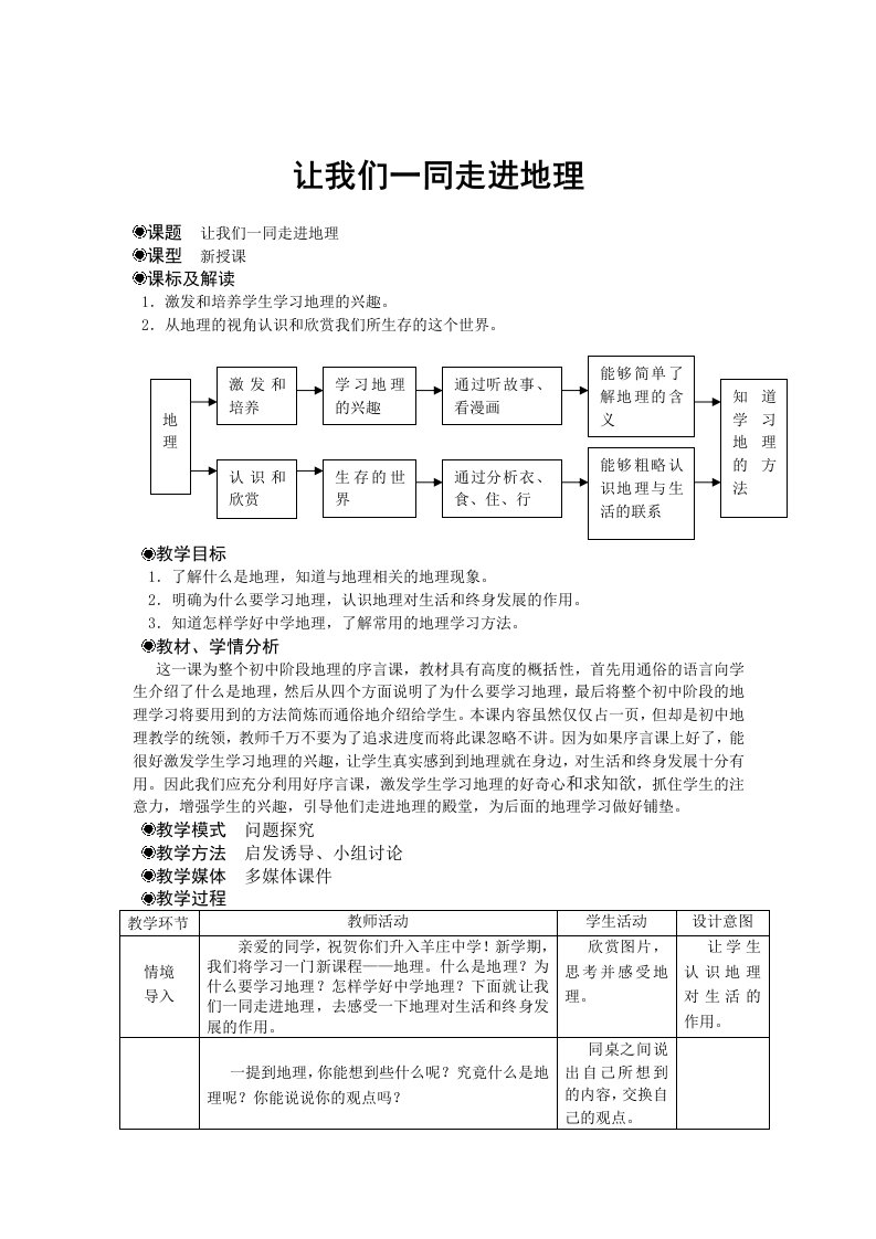 商务星球版地理七年级上册让我们一同走进地理教案