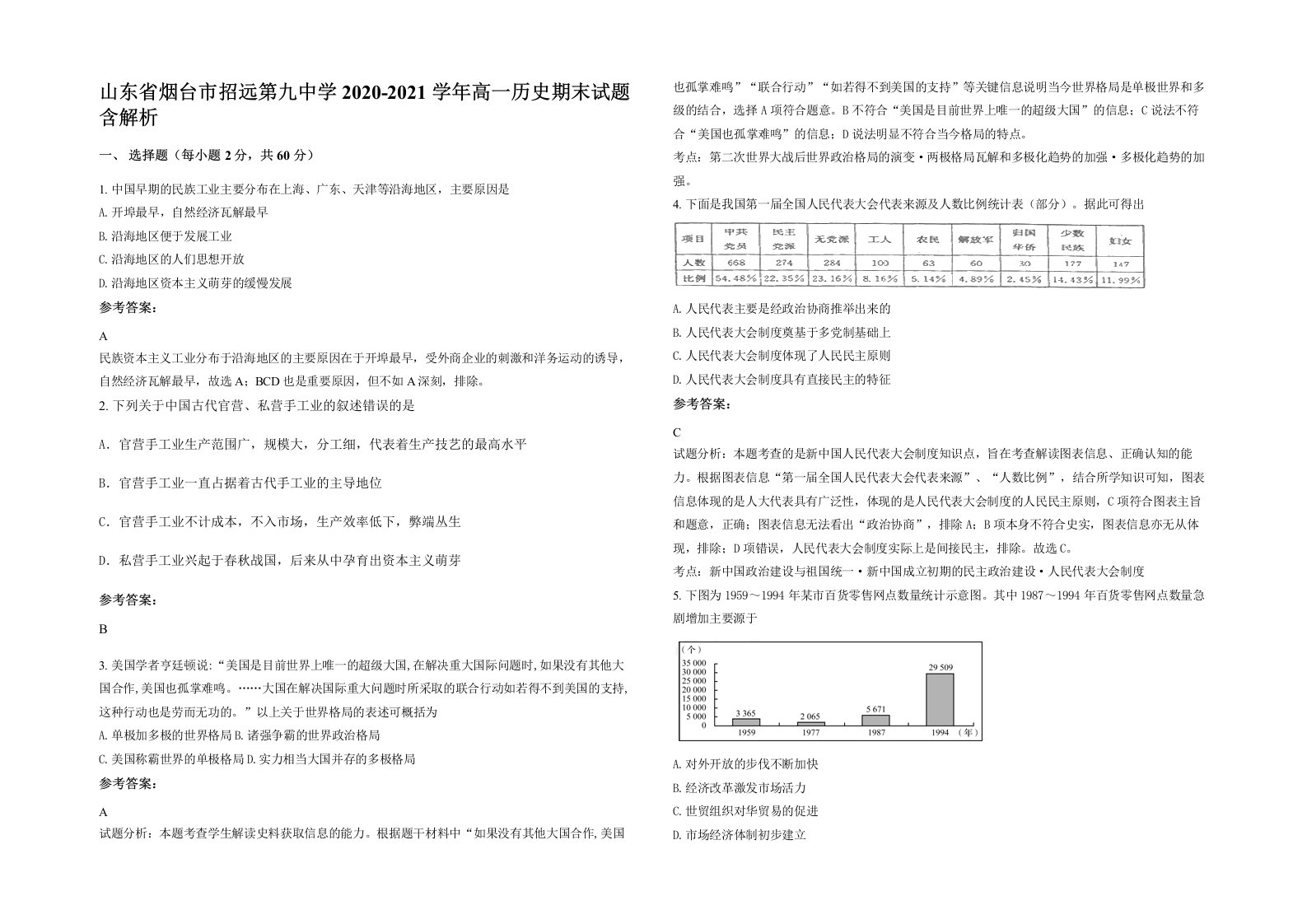 山东省烟台市招远第九中学2020-2021学年高一历史期末试题含解析