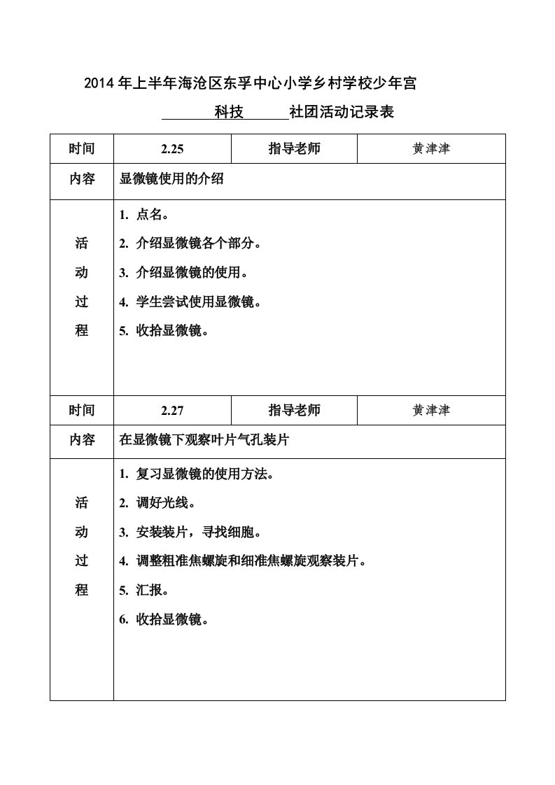 [培训]中心小学乡村学校少年宫科学社团活动记录表