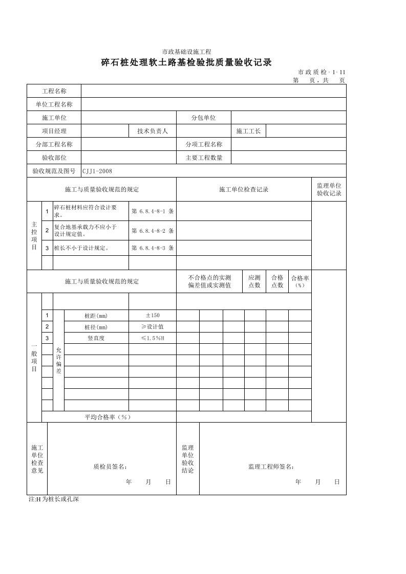 建筑工程-3111碎石桩处理软土路基检验批质量验收记录