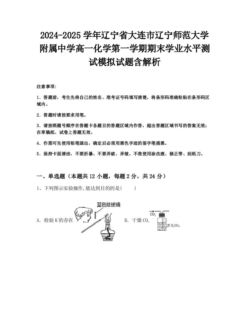 2024-2025学年辽宁省大连市辽宁师范大学附属中学高一化学第一学期期末学业水平测试模拟试题含解析