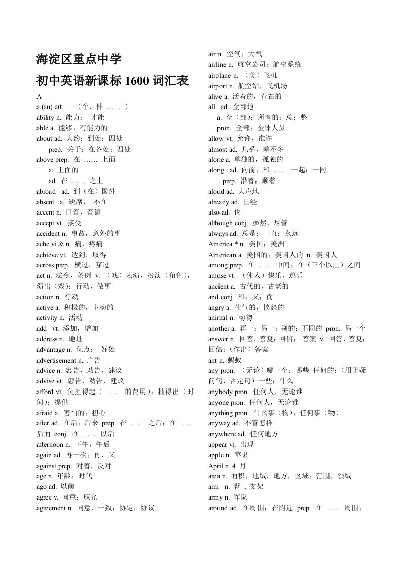 海淀区重点中学初中英语新课标1600词汇表