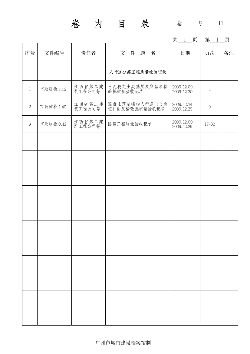 人行道分部（第11卷）——卷内目录