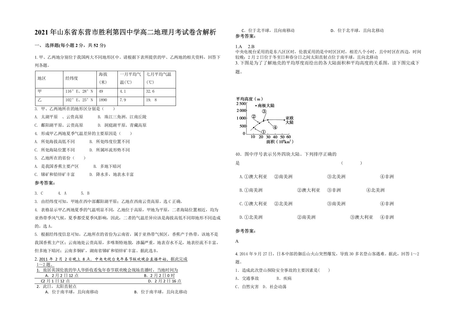 2021年山东省东营市胜利第四中学高二地理月考试卷含解析