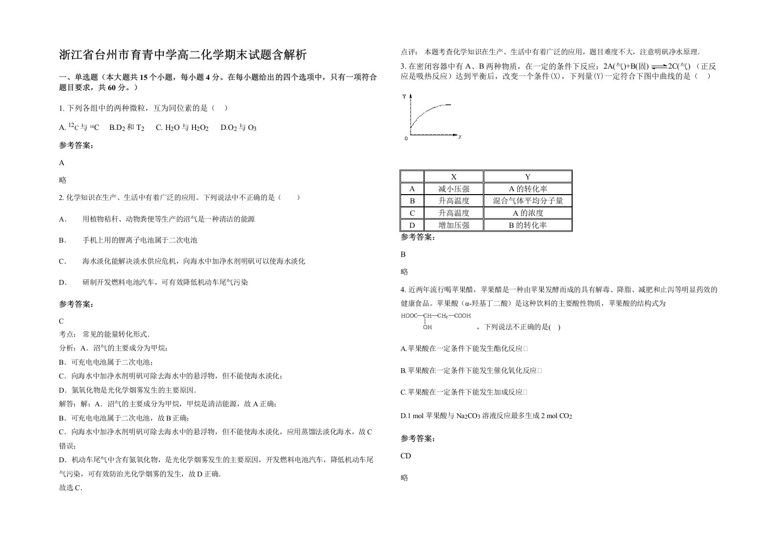 浙江省台州市育青中学高二化学期末试题含解析