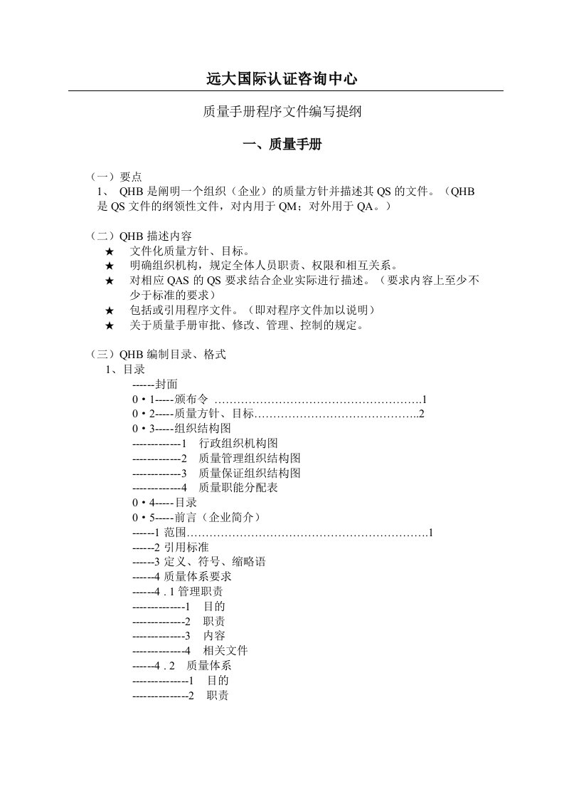 质量手册程序文件编写提纲