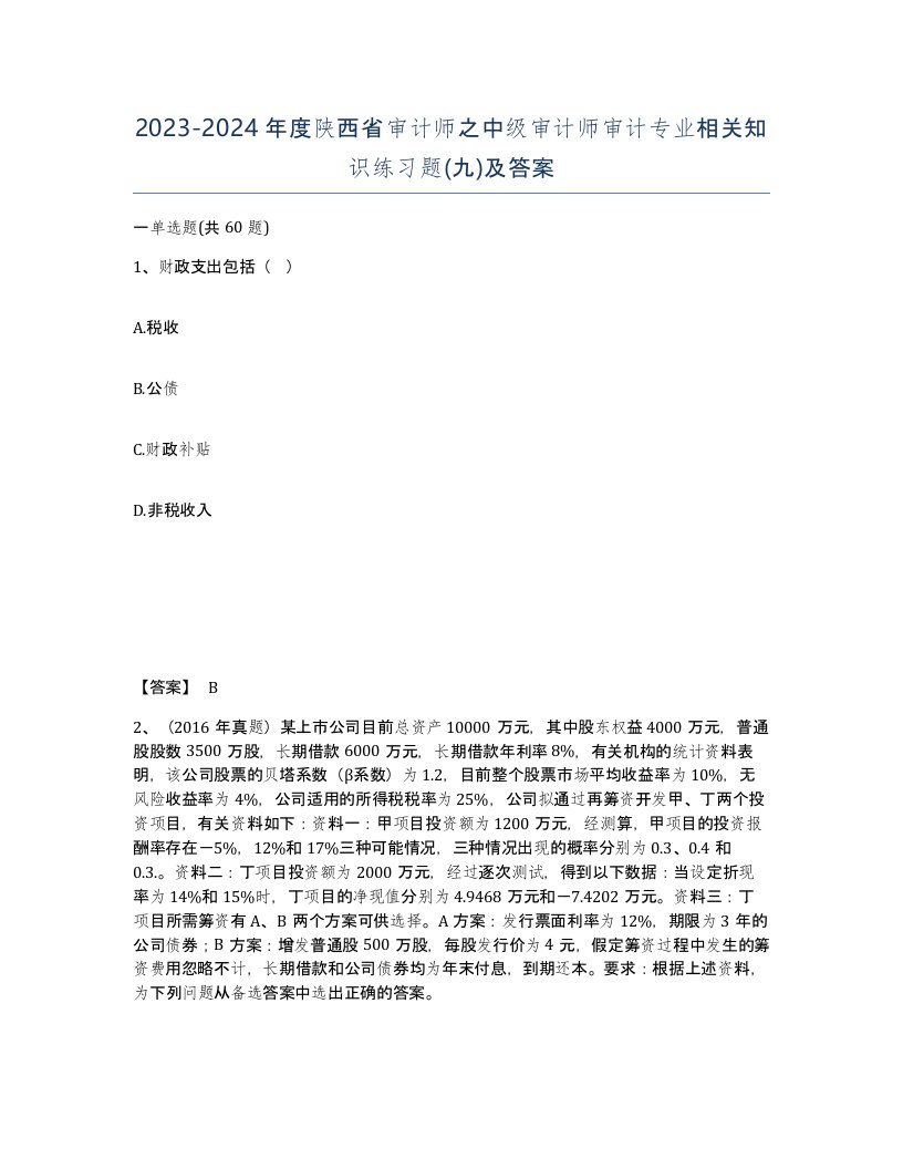 2023-2024年度陕西省审计师之中级审计师审计专业相关知识练习题九及答案