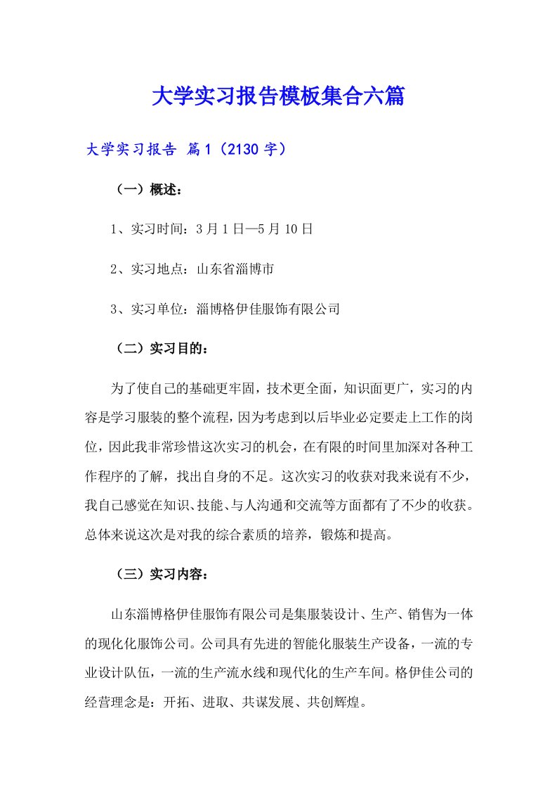 大学实习报告模板集合六篇