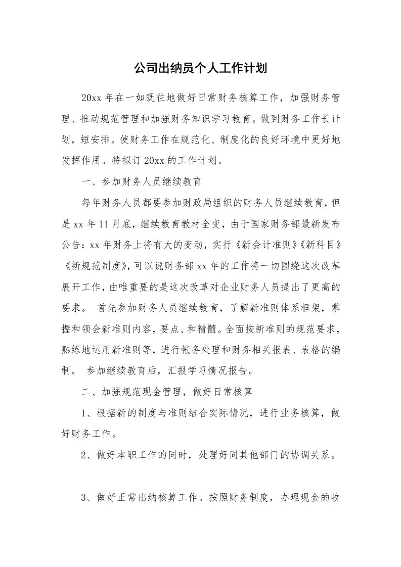 公司出纳员个人工作计划