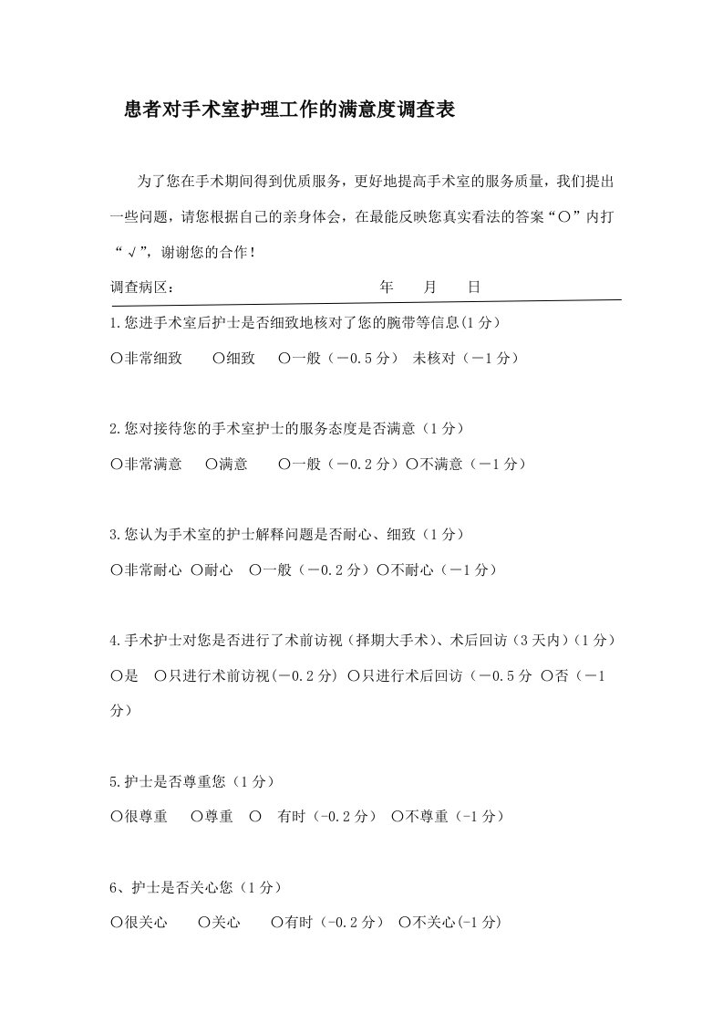 医院患者对手术室护理工作的满意度调查表