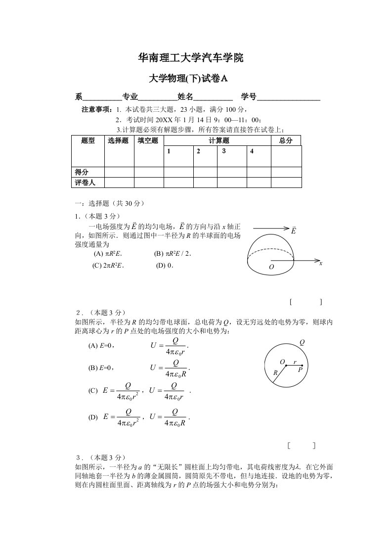 汽车行业-工大学汽车学院大学物理下考试题A