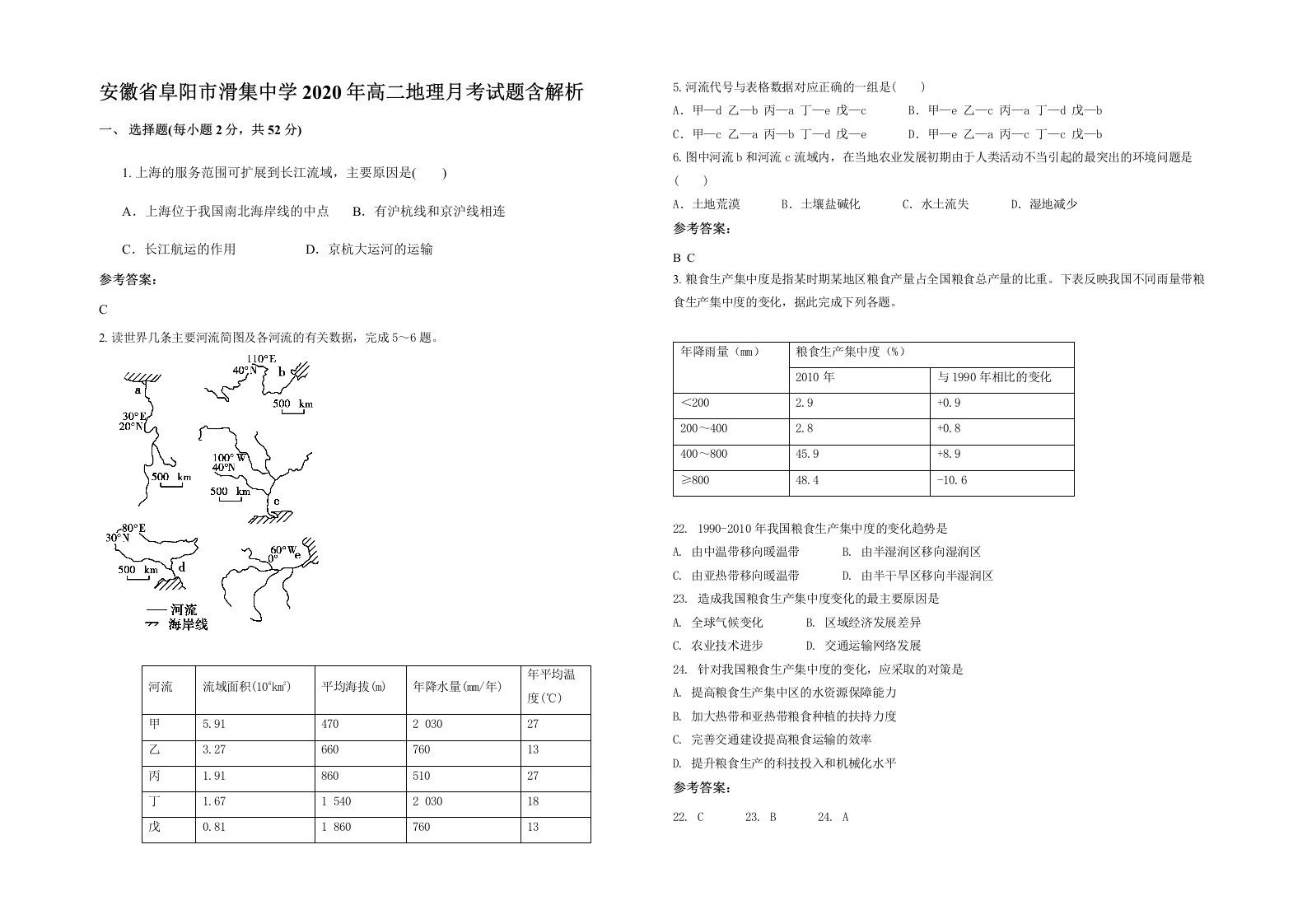 安徽省阜阳市滑集中学2020年高二地理月考试题含解析