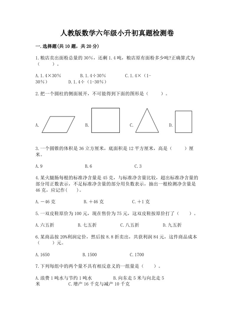 人教版数学六年级小升初真题检测卷含答案【实用】