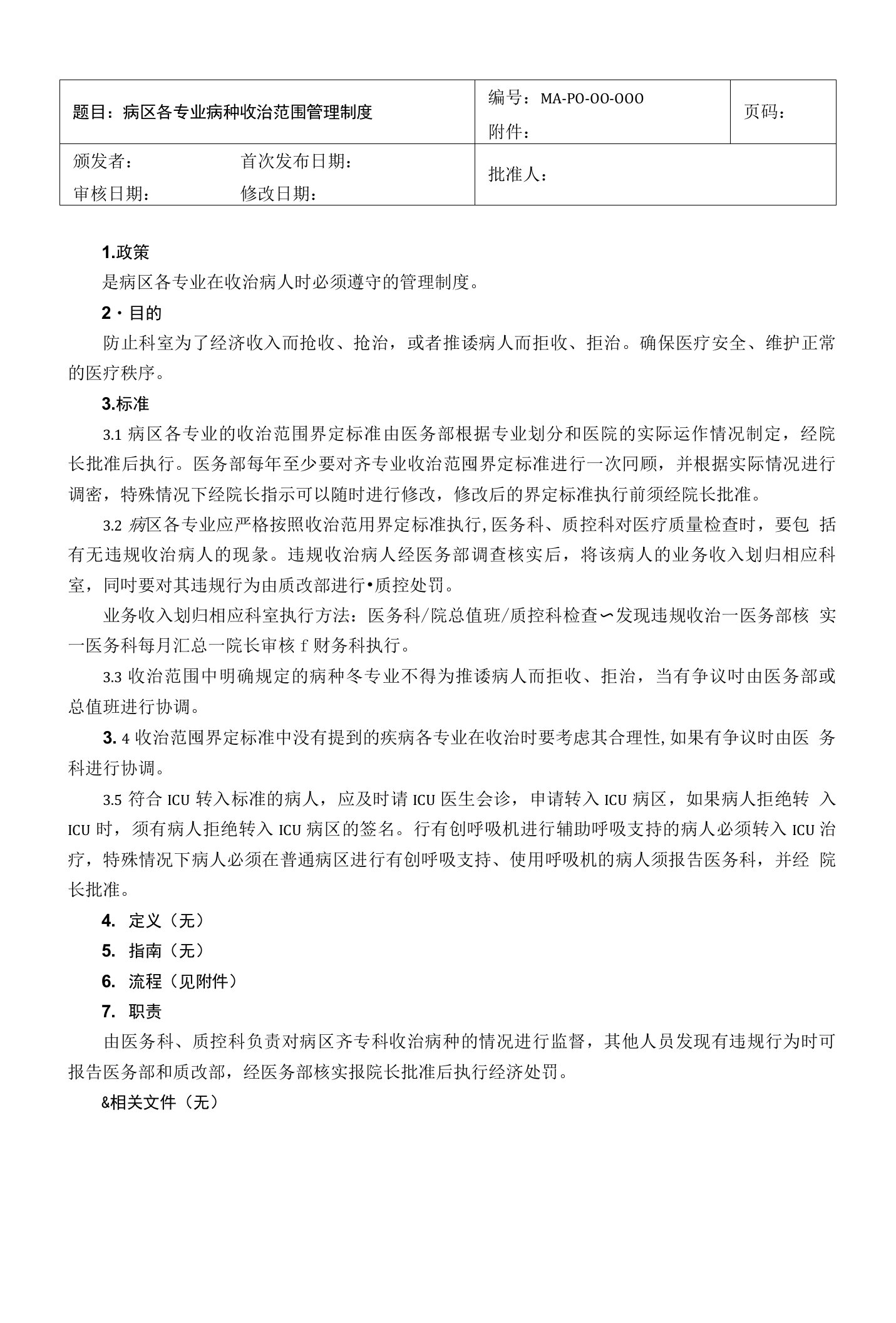 病区各专业病种收治范围管理制度