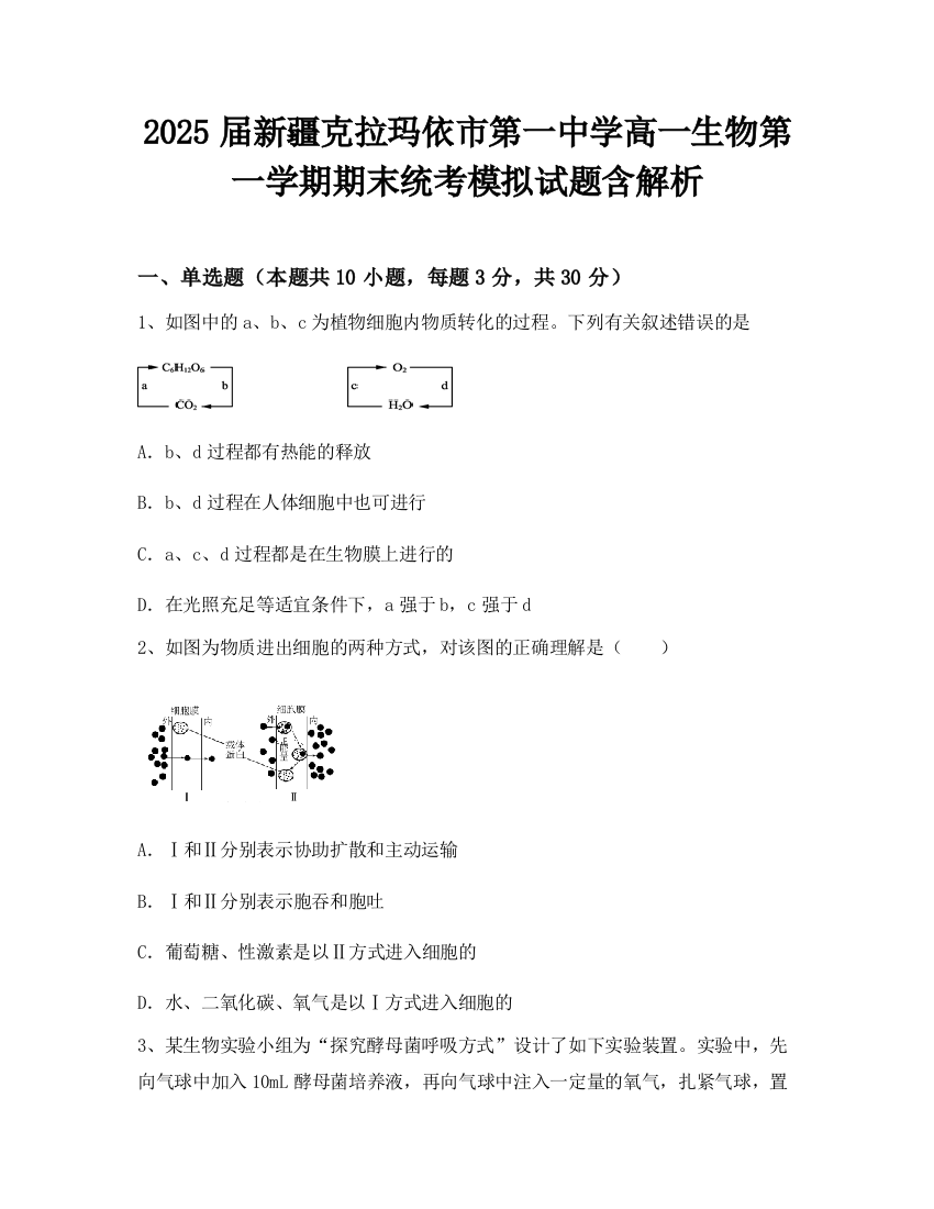 2025届新疆克拉玛依市第一中学高一生物第一学期期末统考模拟试题含解析