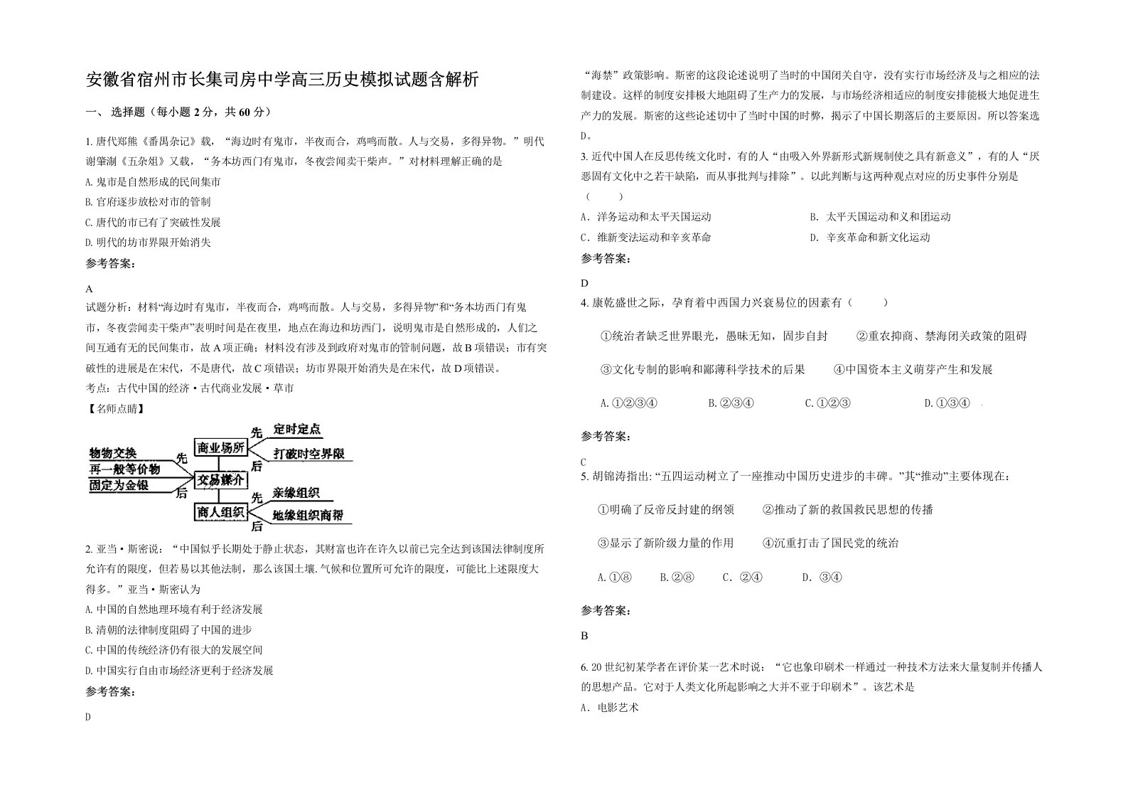 安徽省宿州市长集司房中学高三历史模拟试题含解析