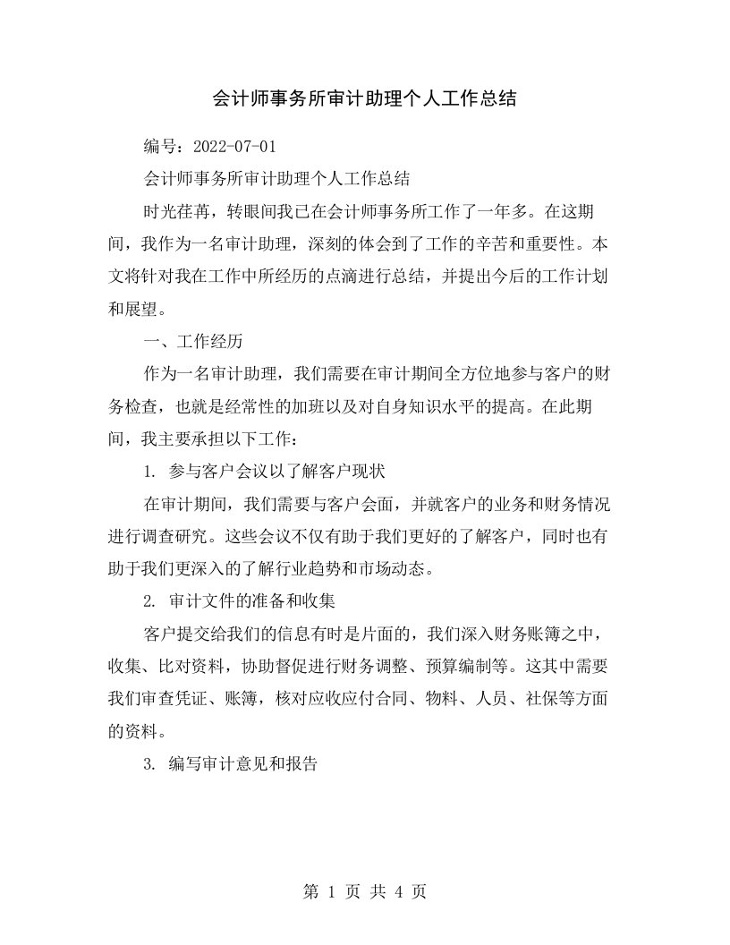 会计师事务所审计助理个人工作总结