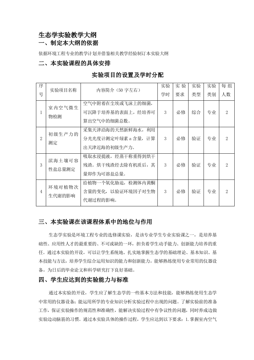 生态学试验教授教化纲目(情况工程专业)