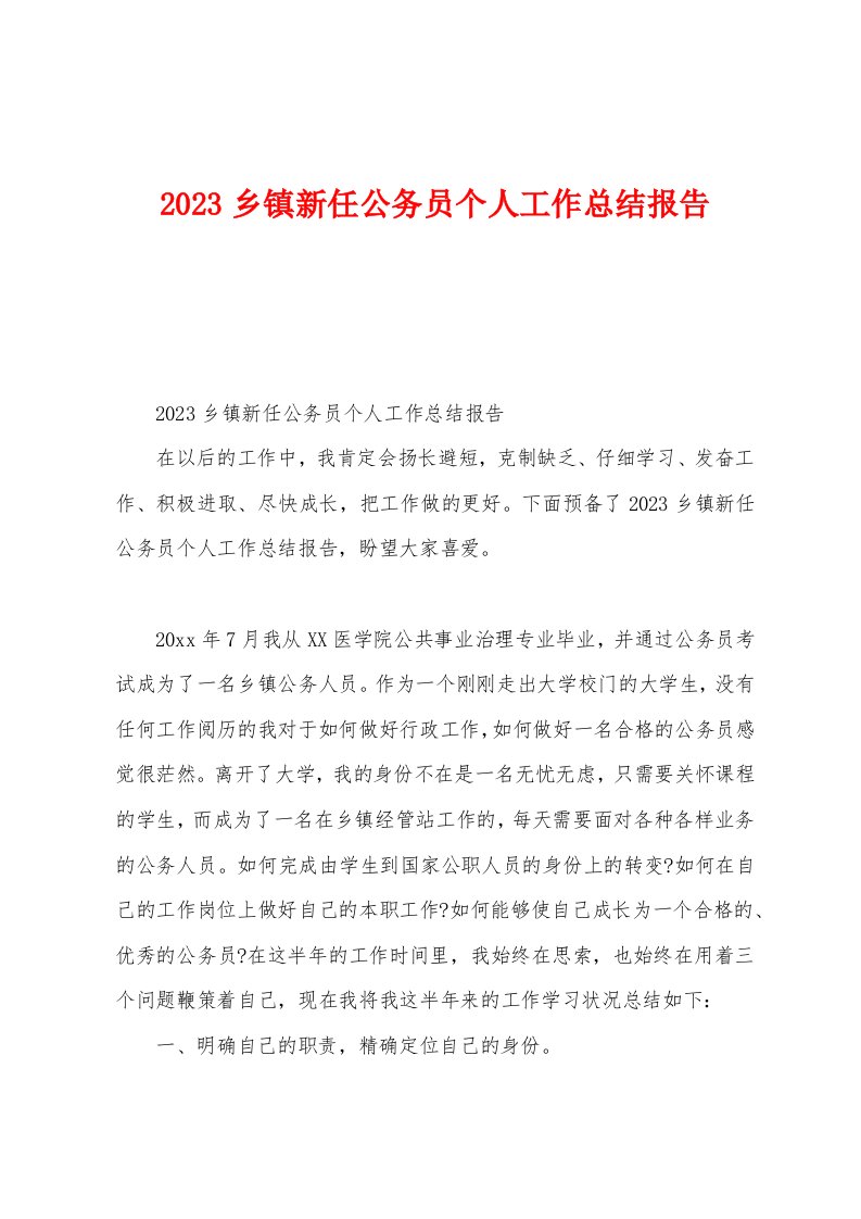 2023年乡镇新任公务员个人工作总结报告