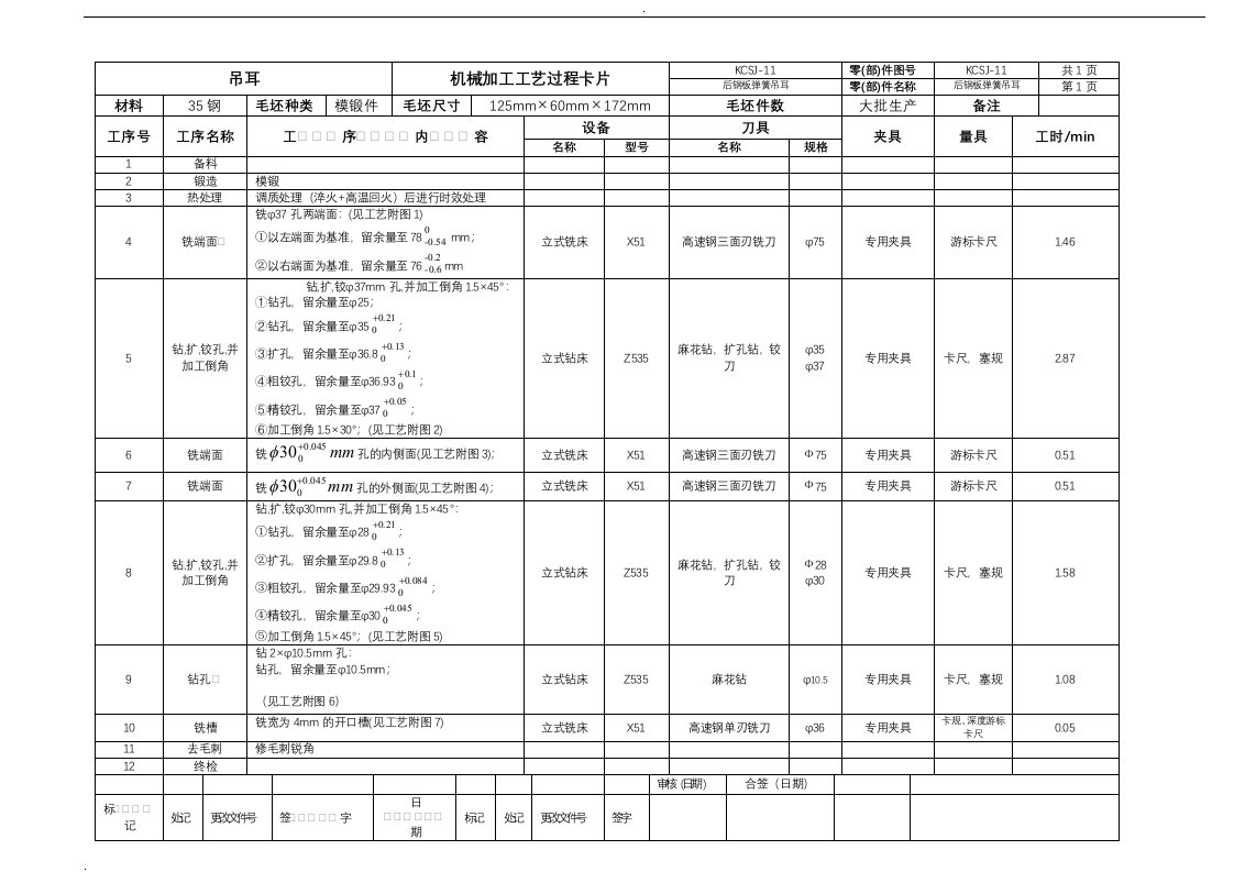 后钢板弹簧吊耳工艺设计过程卡+工序卡+说明书