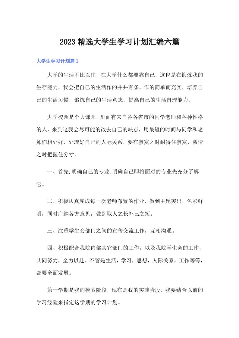 2023精选大学生学习计划汇编六篇