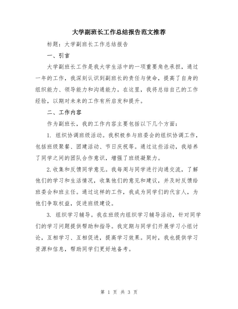 大学副班长工作总结报告范文推荐