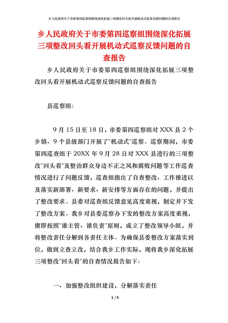 精编2021乡人民政府关于市委第四巡察组围绕深化拓展三项整改回头看开展机动式巡察反馈问题的自查报告