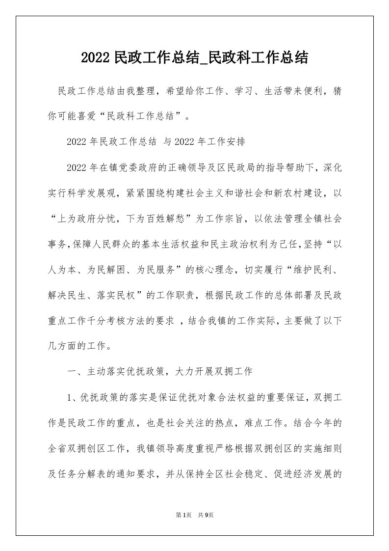 2022民政工作总结_民政科工作总结