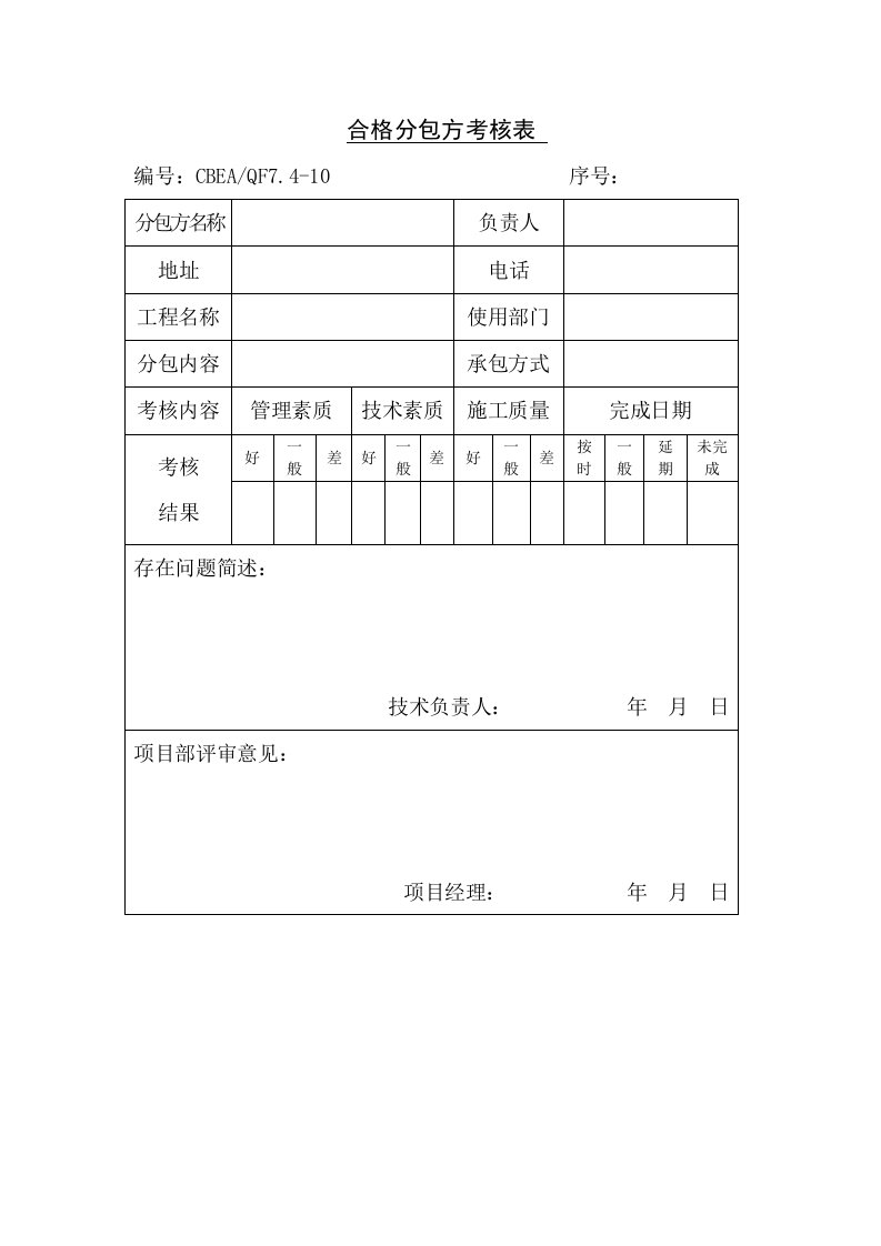 绩效管理表格-合格分包方考核表