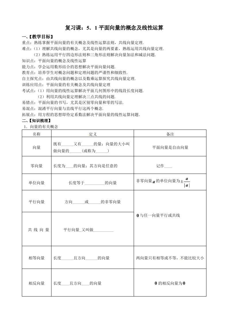 枣八北校-高三-平面向量的概念及线性运算