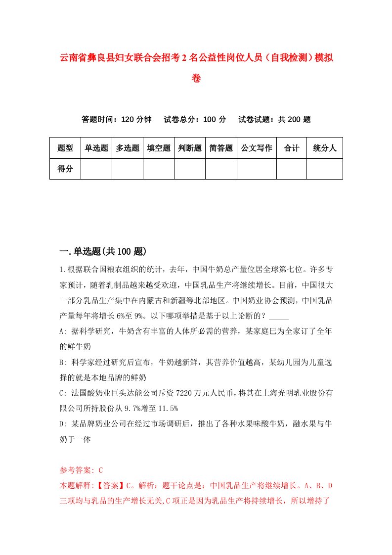 云南省彝良县妇女联合会招考2名公益性岗位人员自我检测模拟卷0