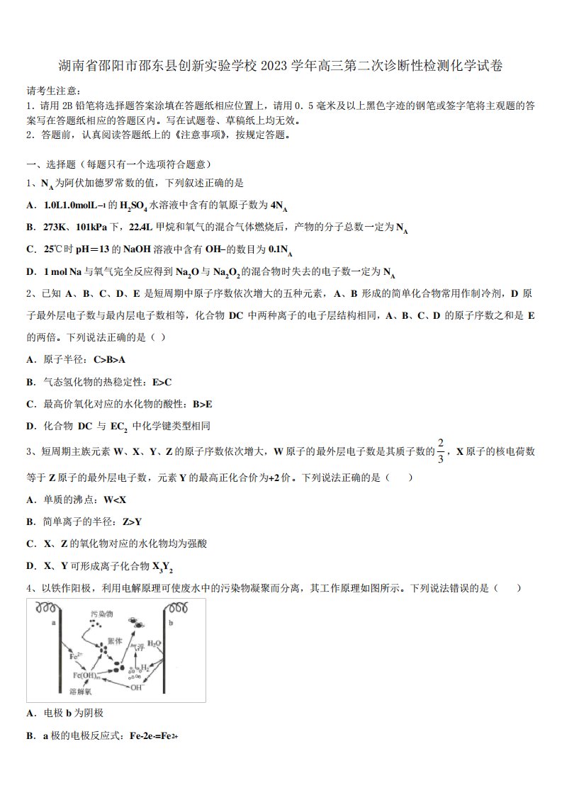 湖南省邵阳市邵东县创新实验学校2023学年高三第二次诊断性检测化学试卷精品