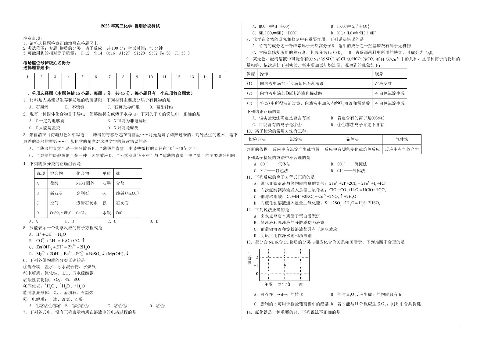 江西省宜春市2023_2024学年高三化学上学期暑期阶段测试试卷