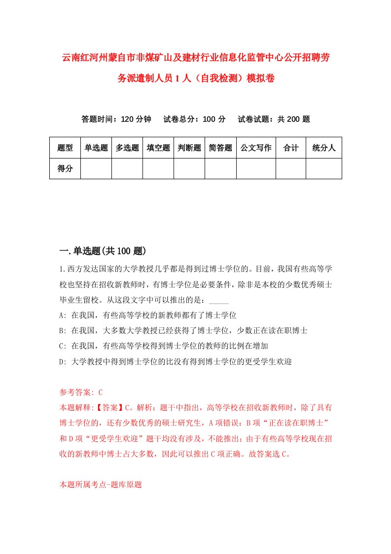 云南红河州蒙自市非煤矿山及建材行业信息化监管中心公开招聘劳务派遣制人员1人自我检测模拟卷0