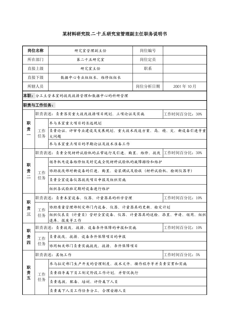 研究室管理副主任职务说明书