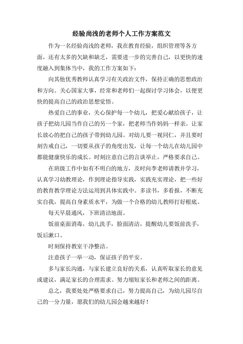 经验尚浅的老师个人工作计划范文