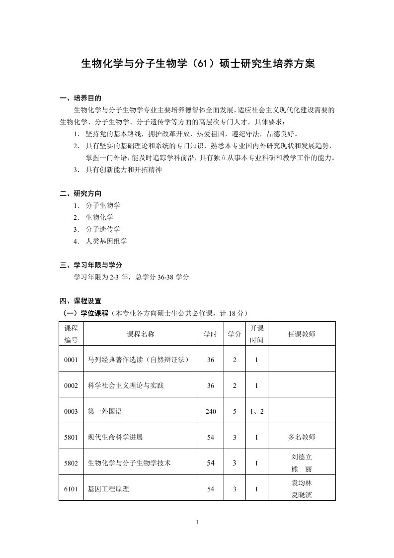 生物化学与分子生物学（61）硕士研究生培养方案