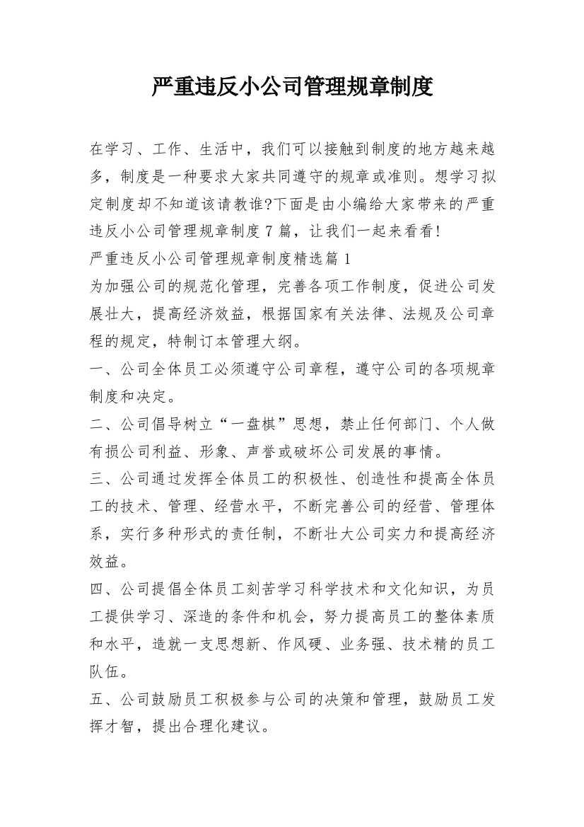 严重违反小公司管理规章制度